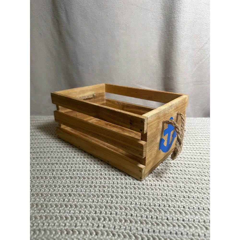 Nautical Wooden Crate Blue Pink Anchor Jute Rope Handles Rustic Storage Box